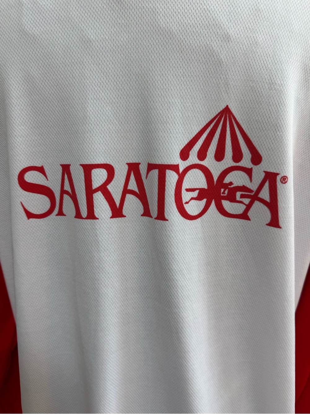 Saratoga NYRA bets/Fox Sports Red & White Long Sleeve Raglan, l/xl unisex - Picture 2 of 8